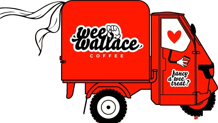 Drawing of Annie the red Piaggio coffee cart with a wedding ribbon flying from the back